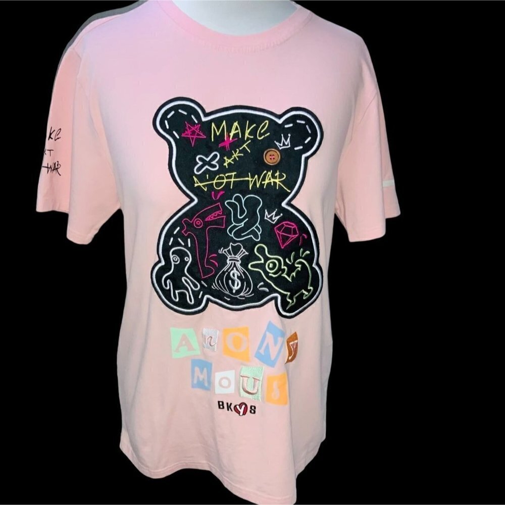 BKYS LADIES SHORT SLEEVE PINK BEAR MAKE ART NOT WAR TEE TSHIRT NWOT SMALL